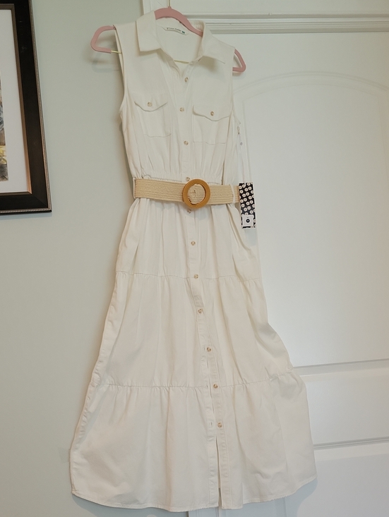 Given Kale Dresses & Skirts - Sleeveless Cream Maxi Shirt Dress with Woven Round-Buckle Belt